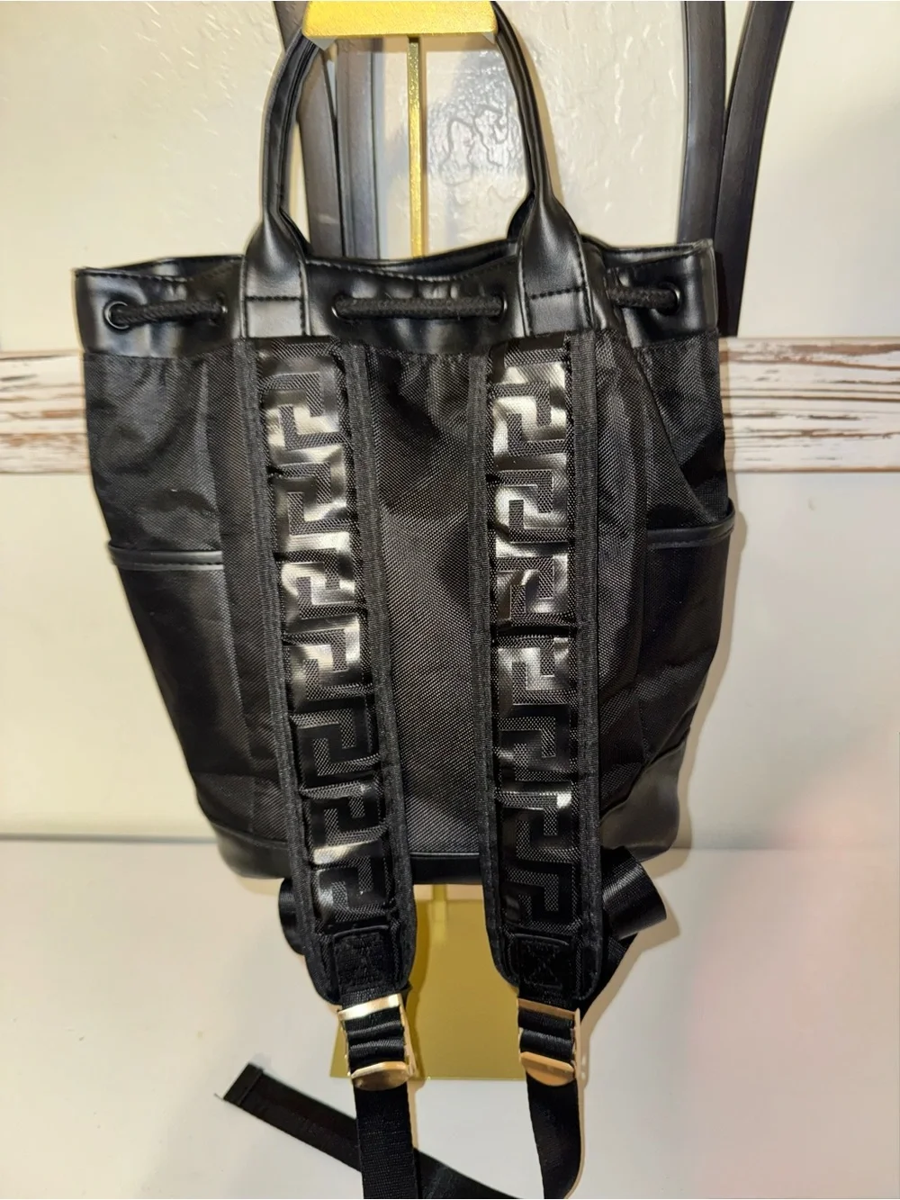 Versace Perfums black nylon backpack bag w gold hardware like new